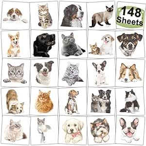 CHARLENT 148 PCS Dog Cat Temporary Tattoos for Kids - 3D Individual Puppy kitten Tattoos for Boys Girls Animals Birthday Party Favors Goodie Bag Fillers