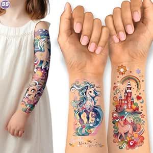 Unicorn Groovy Temporary Tattoo Kit - 35 Glitter Full Half Arm Sleeve Fake Tattoos, Gradient Color Sticker for Kids Birthday Party Supplies, Girls Star Rainbow Favor, Cut Pattern Your Like (24 Sheets)
